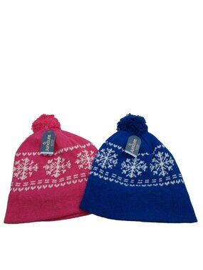 Juncture Fleece Lined Hat Pom Beanie Knit Ski Hat Pink & Blue Set of 2 small